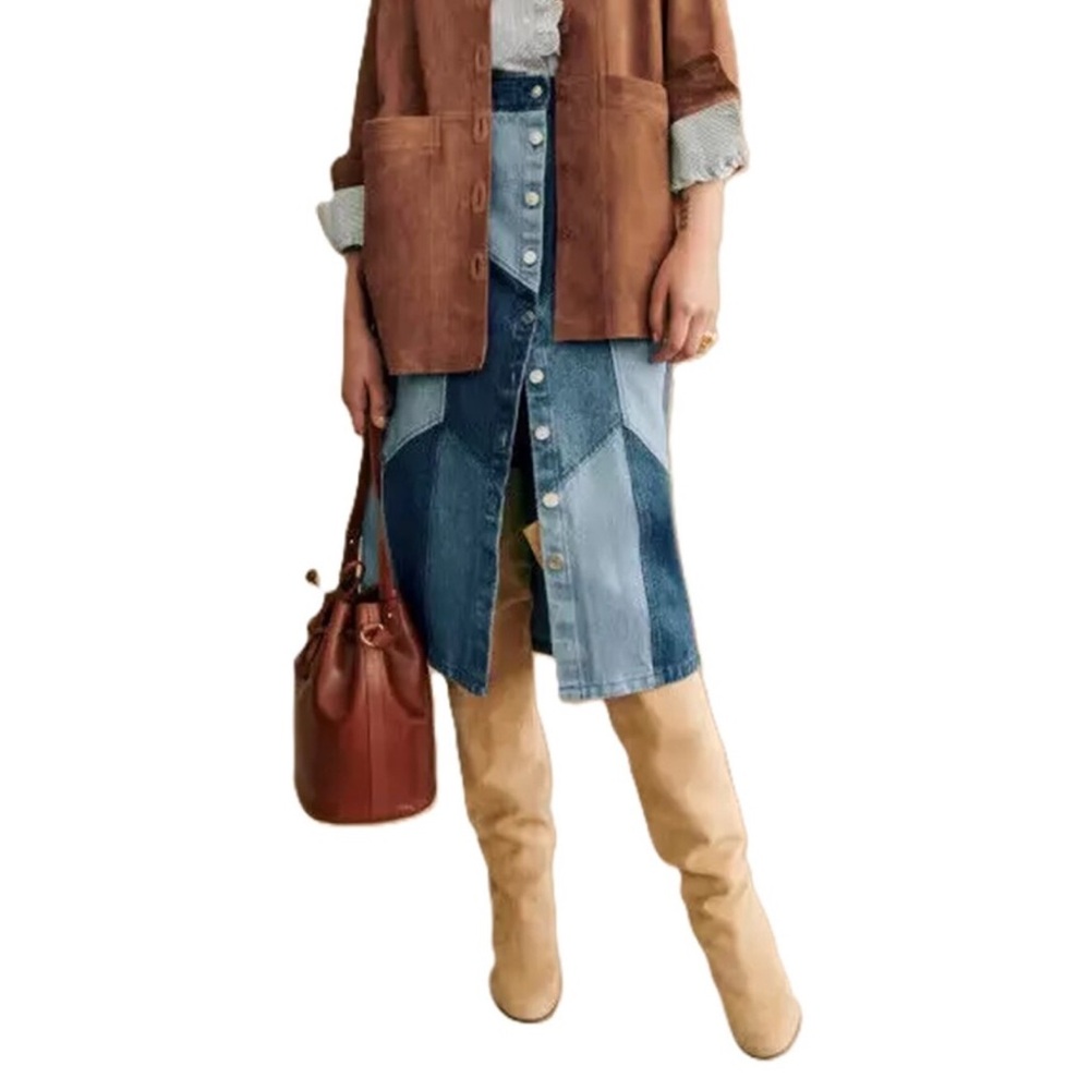Sezane Alexane Denim Patchwork Skirt
